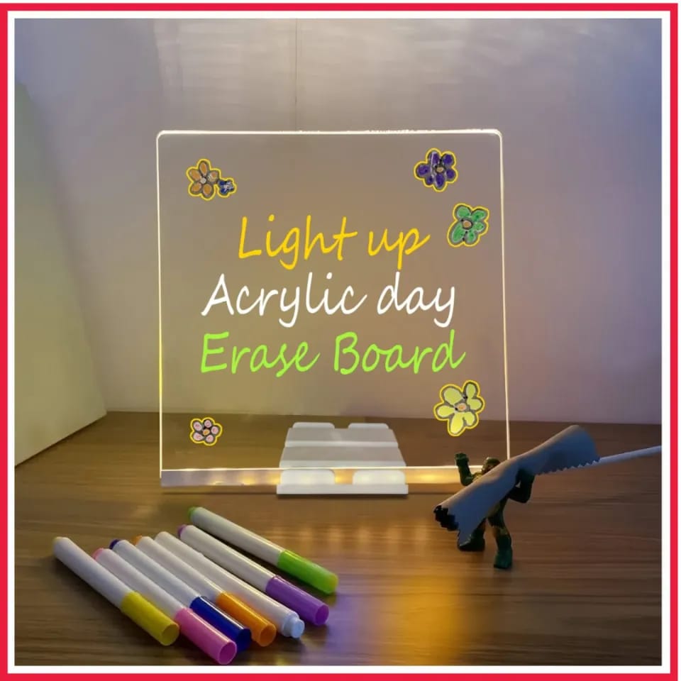 Acrylic Rewritable LED Board , DIY Children's Glowing Drawing Board,  Message Lamp With 7 Colorful Pens Light Up