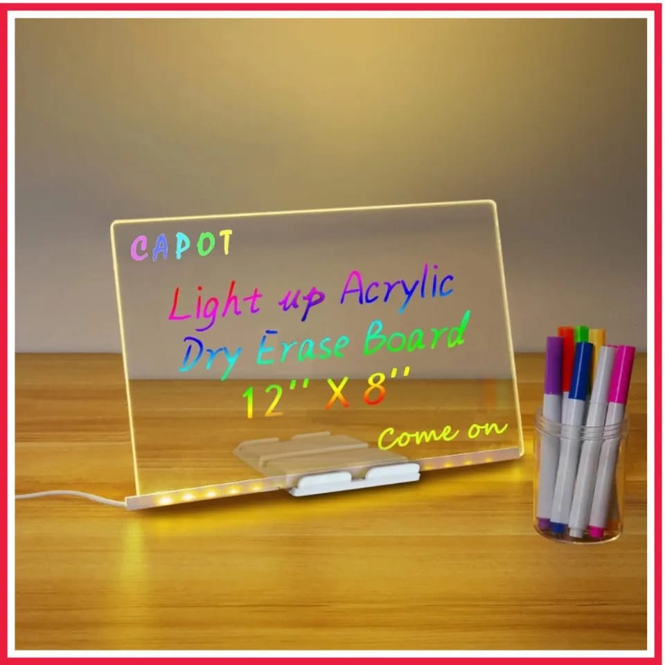 Acrylic Rewritable LED Board , DIY Children's Glowing Drawing Board,  Message Lamp With 7 Colorful Pens Light Up